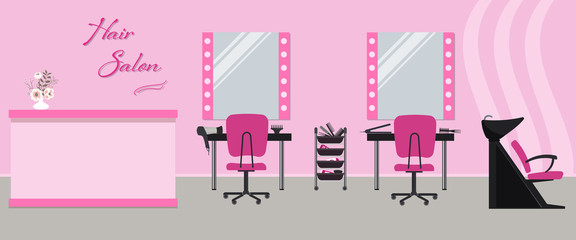 Hair salon interior in a pink color. Beauty salon. There are tables, chairs, a bath for washing the hair, mirrors, hair dryer in the image. There is also text "Hair Salon" on the wall. Vector