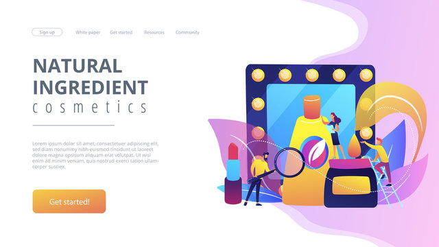 Specialists studying the natural ingredients of organic cosmetics. Organic cosmetics, organic makeup, natural ingredient cosmetics concept. Website vibrant violet landing web page template.