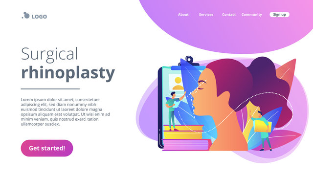 Plastic surgeon correcting the form of the woman nose for rhinoplasty. Rhinoplasty, nose correction procedure, surgical rhinoplasty concept. Website vibrant violet landing web page template.
