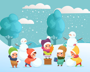 Obraz na płótnie Canvas Vector illustration of happy funny and cute kids playing with snow, making snowman outside. children playing, winter holidays concept in flat cartoon style.