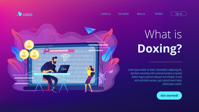 Hacker gathering target individuals sensitive data and making it public. Doxing, gathering online information, hacking exploit result concept. Website vibrant violet landing web page template.