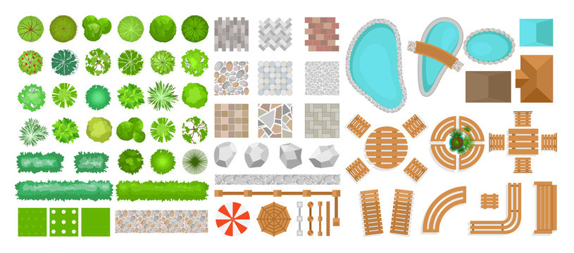 Vector illustration set of park elements for landscape design. Top view of trees, outdoor furniture, plants and architectural elements, fences, sun loungers, umbrellas isolated on white background