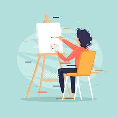 Fototapeta premium Girl draws. Art. Flat vector illustration in cartoon style. 