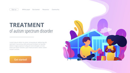 Children play in center giving information about treatment of ASD. Autism center, treatment of autism spectrum disorder, kids autism help concept. Website vibrant violet landing web page template.