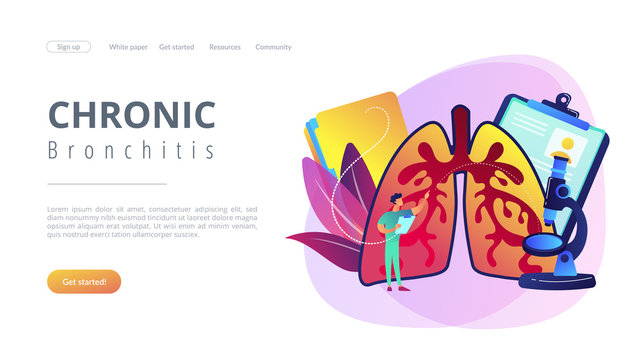 Doctor examines huge lungs desease and microscope. Obstructive pulmonary disease, chronic bronchitis and emphysema concept on white background. Website vibrant violet landing web page template.