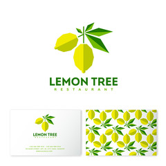 Lemon Tree Logo. Restaurant emblem. Lemons with leaves like an applique. Business card and seamless pattern.