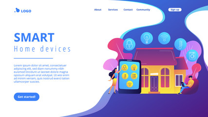 Business people controlling smart house devices with tablet and laptop. Smart home devices, home automation system, domotics market concept. Website vibrant violet landing web page template.