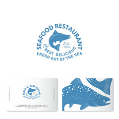 Seafood restaurant logo. Blue Salmon silhouette with lettering. Retro style.
