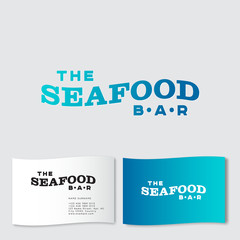Obraz premium Seafood bar or restaurant logo. Blue gradient letters like wave. Retro style. Business card.