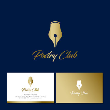 Poetry Club Logo. Golden Pen And Handwritten Letters. Business Card.