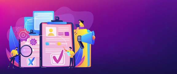 Company hr managers hiring a new employee using resume, magnifier and megaphone. Hiring employee, filling out resume, hiring process concept. Header or footer banner template with copy space.