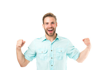Achieve success. Man handsome bearded guy smiling on white background isolated. Guy cheerful smile...