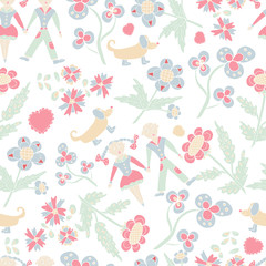 Beautiful, funny wallpapers. Children, flowers. Seamless. Sketch.