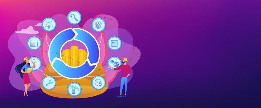 Information on full cycle of a building. Building information modeling, collaborative construction, construction project management concept. Header or footer banner template with copy space.