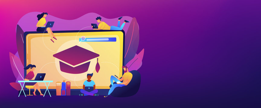 Students with laptops studying and huge laptop with graduation cap. Free online courses, online certificate courses, online business school concept. Header or footer banner template with copy space.