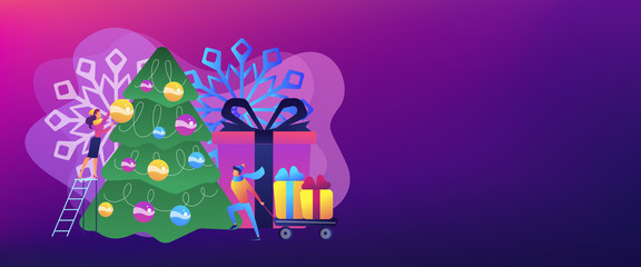 Happy business people decorating Christmas tree and preparing gift boxes. Winter holidays, New year celebration, Christmas activities plan concept. Header or footer banner template with copy space.