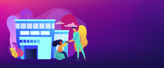 Physiotherapist and child gets treatment. Childrens rehabilitation centre, kids rehabilitation service, coordination and educational support concept. Header or footer banner template with copy space.