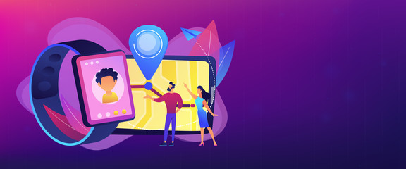 Parents looking at child location on tablet and GPS traking watch. GPS kids tracker, kids tracking and parental control concept on white background. Header or footer banner template with copy space.