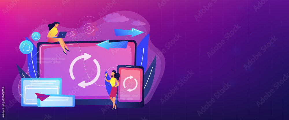 Wall mural user with laptop and smartphone synchronizing. cross-device syncing, cross-device synchronization an