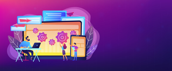 Tester and developer work with laptop and tablet. Cross platform bug founding, bug identification and testing team concept on white background. Header or footer banner template with copy space.