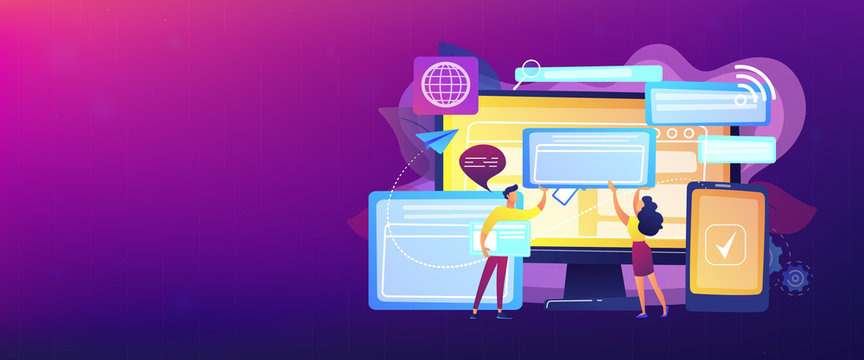 Programmers with browser windows and pc and tablet. Cross-browser compatibility, cross-browser and browser compatible concept on white background. Header or footer banner template with copy space.