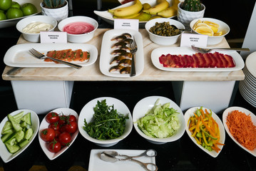 Hotel restaurant buffet catering table with Vegetarian food, clo