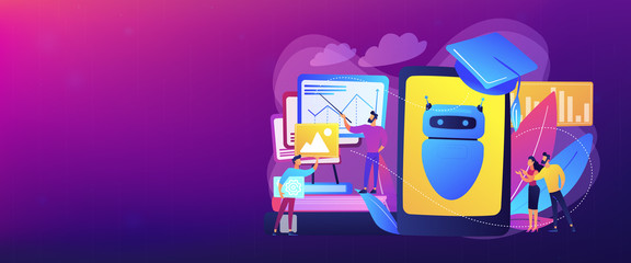 Programmers with charts make chatbot learn data from past results. Chatbot self learning, virtual assistants learning, AI machine learning concept. Header or footer banner template with copy space.