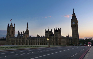 Fototapeta na wymiar Big Ben, Westminster Bridge and red double decker bus in London