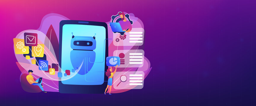 Programmers and chatbot processing natural language. Natural language processing, chatbot natural language, natural language scince concept. Header or footer banner template with copy space.