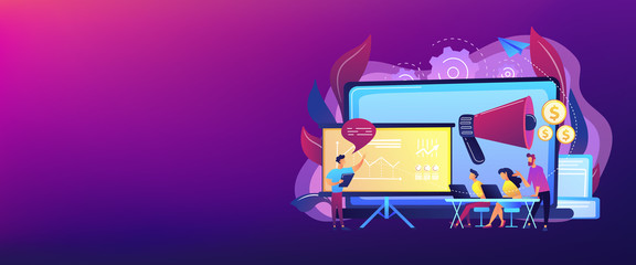 Marketeers learning from fellow professionals at meetup with presentation board. Marketing meetup, sharing experience, marketing expertise concept. Header or footer banner template with copy space.