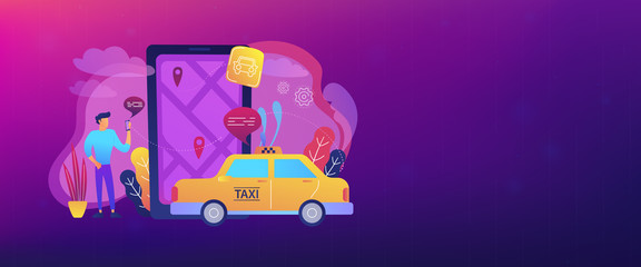 A man near huge smartphone with city map and gps tags on the screen calls a taxi. Navigation apps, smart public transport, IoT and smart city concept, violet palette. Header or footer banner template