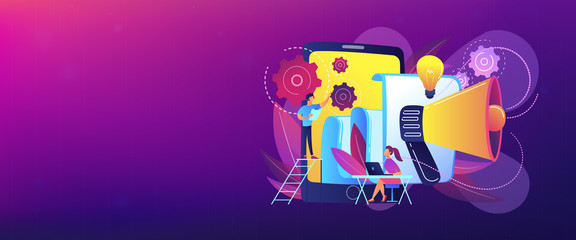 Tablet with loudspeaker and team working on white paper. ICO investment document, startup business strategy, product development plan concept, violet palette. Header or footer banner.