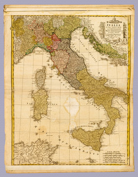 Antique Map of Italy by Homann, Johann Baptist, (Cartographer). Carefully restored reproduction of 1790 atlas map shows geographic details on Italian peninsula in the century before unification.