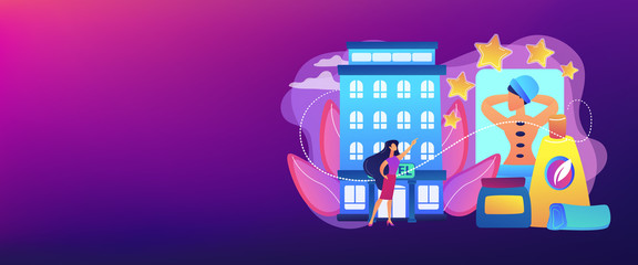 Business woman giving rating stars to hotel with spa and bodywork. Wellness and spa hotel, enjoyable lifestyle, massage and bodywork service concept. Header or footer banner template with copy space.