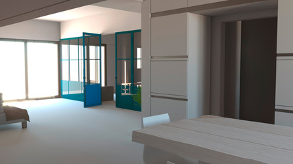 Parete vetrata in ferro e vetro di color blu, soggiorno, living space e cucina. Design di interni moderno. 3d rendering. Open space - obrazy, fototapety, plakaty