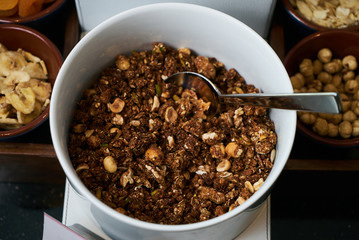 Hotel morning breakfast buffet food set with corn flakes