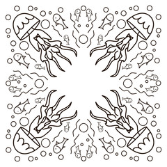 Swirl of jellyfish drawn in line art style. Ocean card in black and white colors.