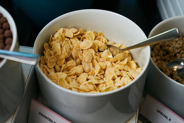 Hotel morning breakfast buffet food set with corn flakes