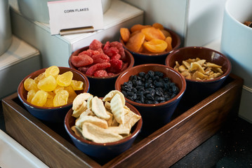 Hotel morning breakfast buffet food set with corn flakes