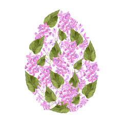 Watercolor Purple Lilac pink flowers and petals and green leaf of syringa Easter egg design. May be used for Easter textile decoration print, invitation card, spring decor, wrapping paper and window