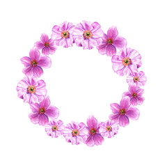 Easter wreath with anemone. Round border. Watercolor illustration on white background.