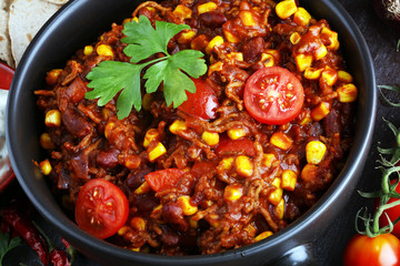 Hot chili con carne. mexican food tasty and spicy.