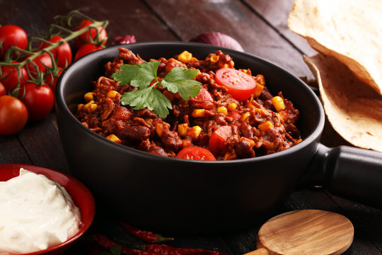 Hot chili con carne. mexican food tasty and spicy.