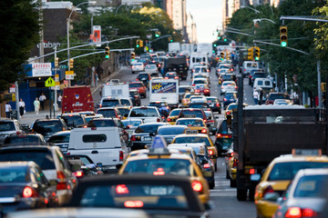 Rush hour traffic in a busy city street.