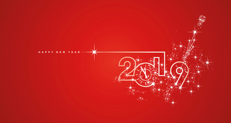 New Year 2019 midnight clock line design sparkle firework champagne white red vector