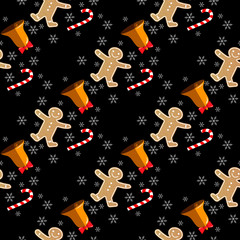 Christmas seamless pattern with bell, gingerbread man, candy and snowflake