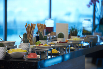 Catering buffet food in hotel restaurant, close-up. Celebration  - obrazy, fototapety, plakaty