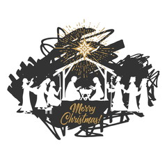 Biblical illustration. Christmas story. Mary and Joseph with the baby Jesus. Nativity scene near the city of Bethlehem. The shepherds and the wise men came to worship the Christ.