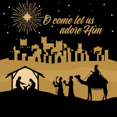 Biblical illustration. Christmas story. Mary and Joseph with the baby Jesus. Nativity scene near the city of Bethlehem. Wise men go to worship Christ.