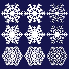 Snowflakes collection isolated on dark background. Flat line snow icons, snow flakes silhouette.
